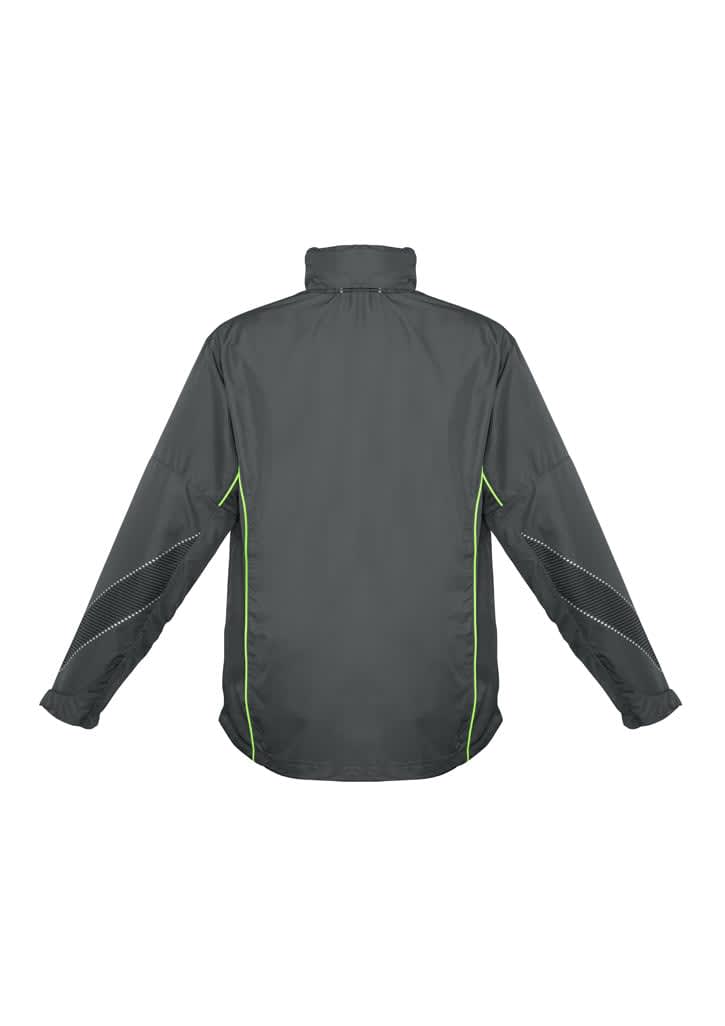 A grey jacket with long sleeves and lime green accents, featuring a logo on the back.