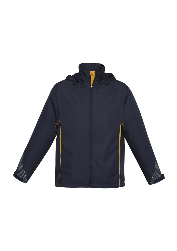A navy jacket with yellow accents and a hood, featuring a logo on the front.