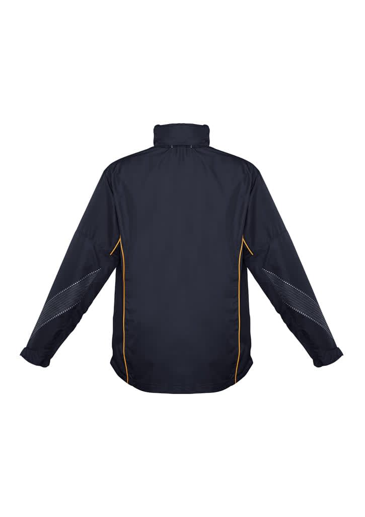 A black jacket with yellow accents and a high collar. It features a logo on the back.