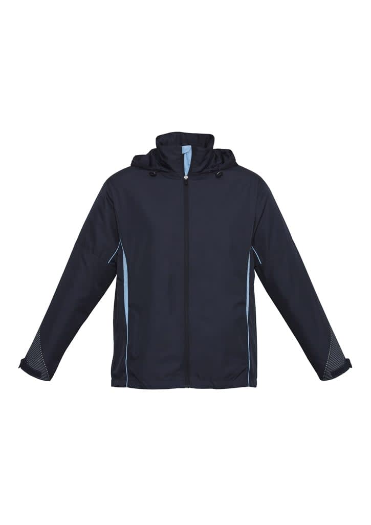 A navy jacket with a hood and light blue accents, featuring an open front and long sleeves.
