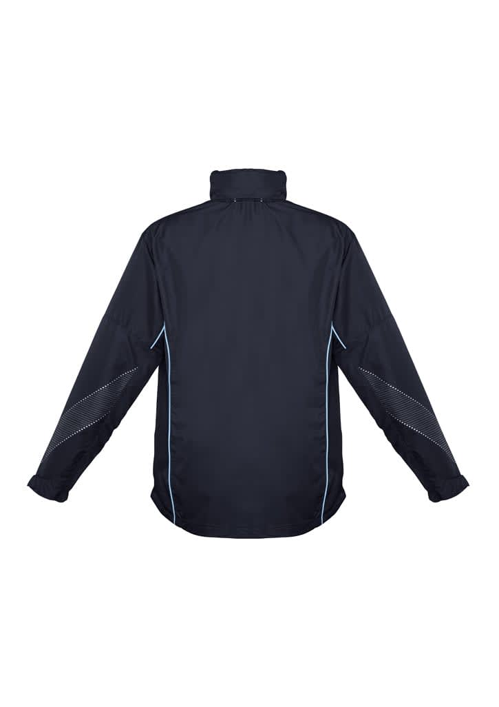 A dark navy jacket with light blue accents and a high collar, featuring multiple seams and a logo.