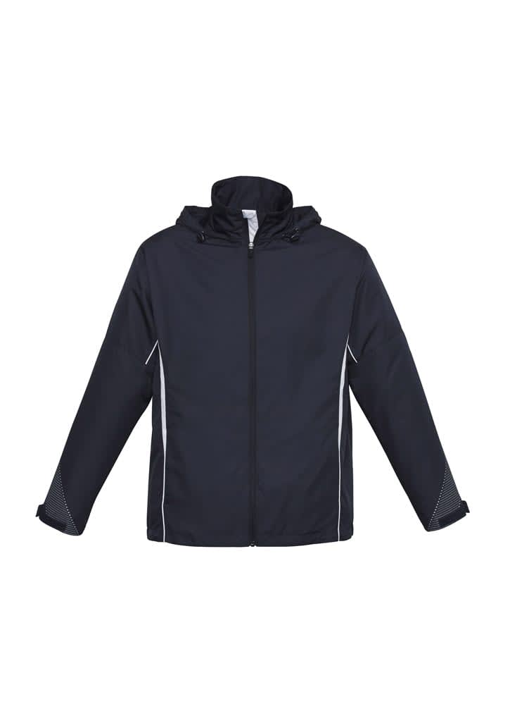 A black jacket with a hood, featuring white side accents and a zip closure. It has a logo on the chest area.