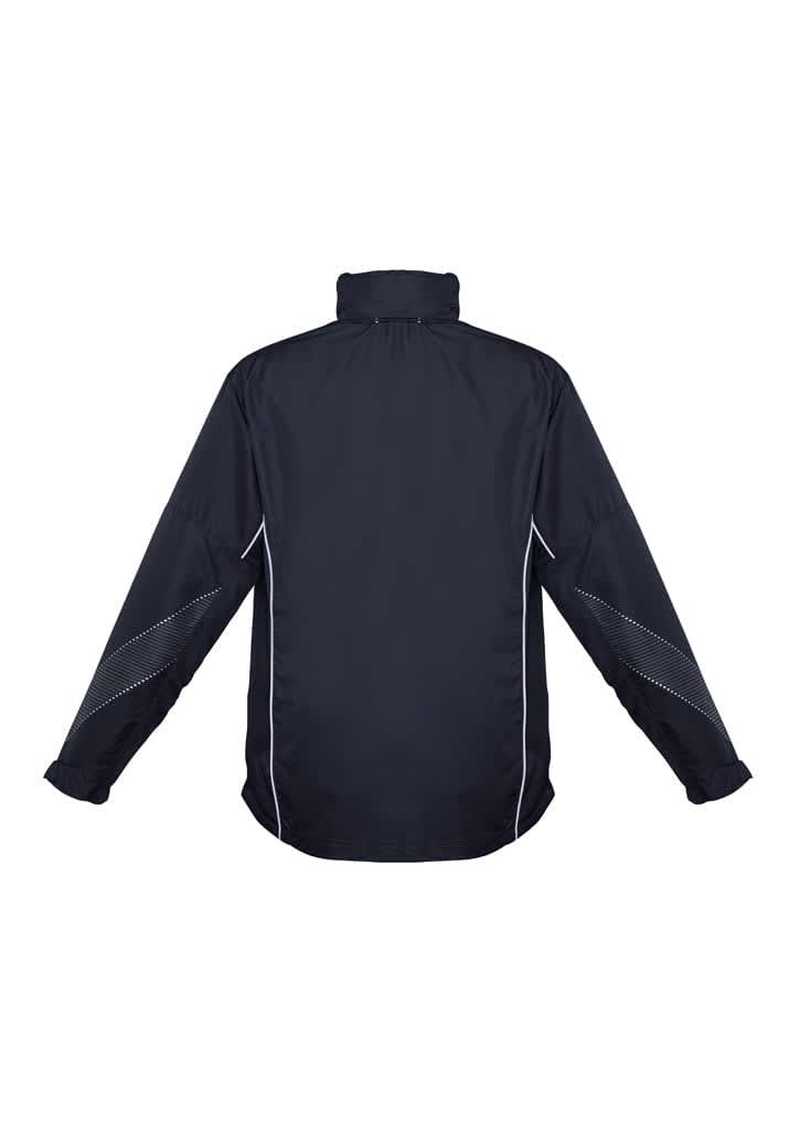 A black kids' jacket with white accents, featuring long sleeves and a stand-up collar. It has a logo.