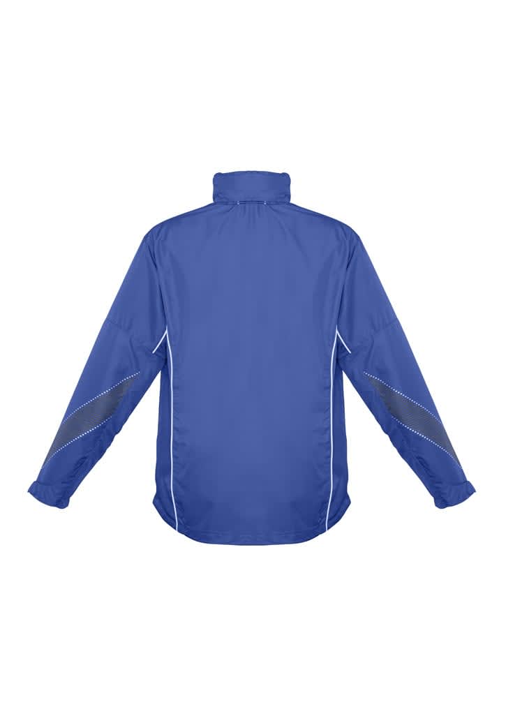 A blue kids' jacket with long sleeves, featuring a high collar and reflective detailing. It has a logo on the design.