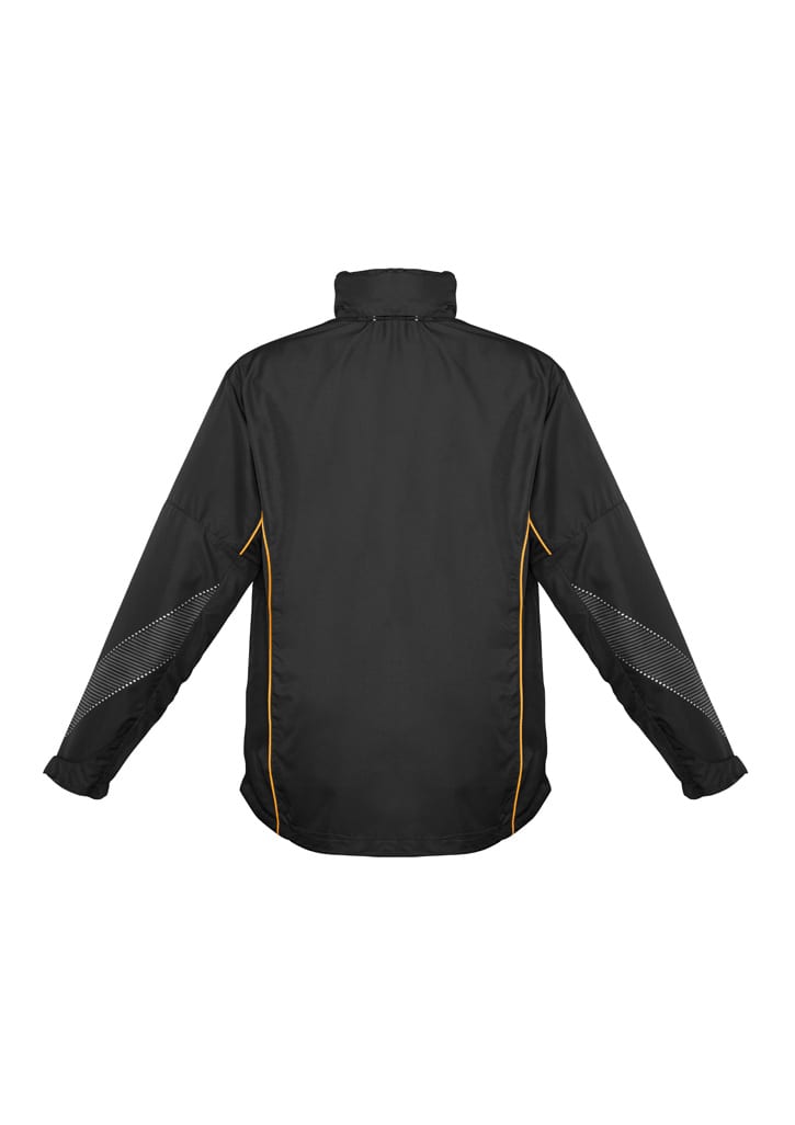 A unisex black jacket featuring yellow accents and a logo, designed for various outdoor activities.