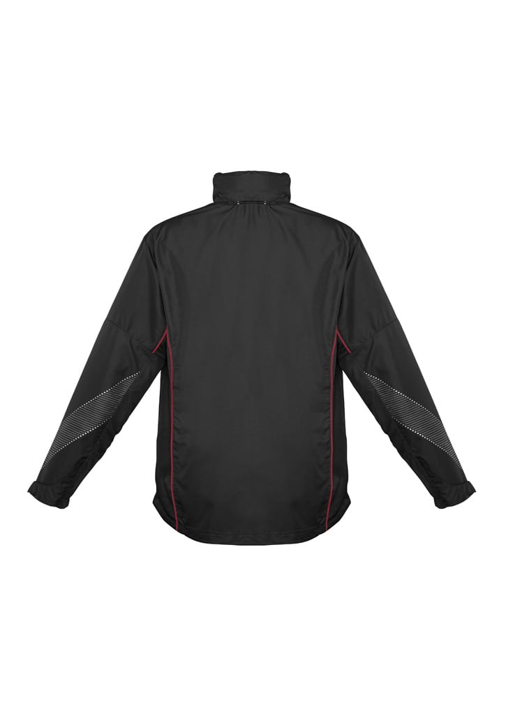 A black unisex jacket featuring red accents and reflective detailing, with a high collar and long sleeves.