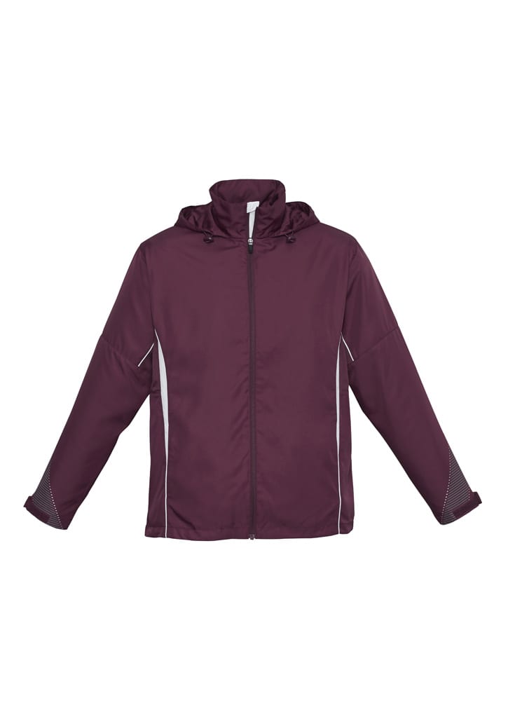 A unisex jacket in dark burgundy with a hood and white accents, featuring a logo.