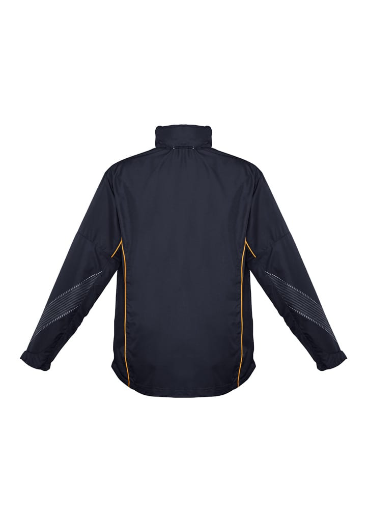 A unisex black jacket with yellow accents and reflective detailing, featuring a high collar and long sleeves.