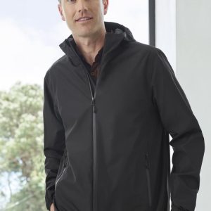 A man is wearing a black rain jacket with a hood, featuring zip pockets and a sleek design.
