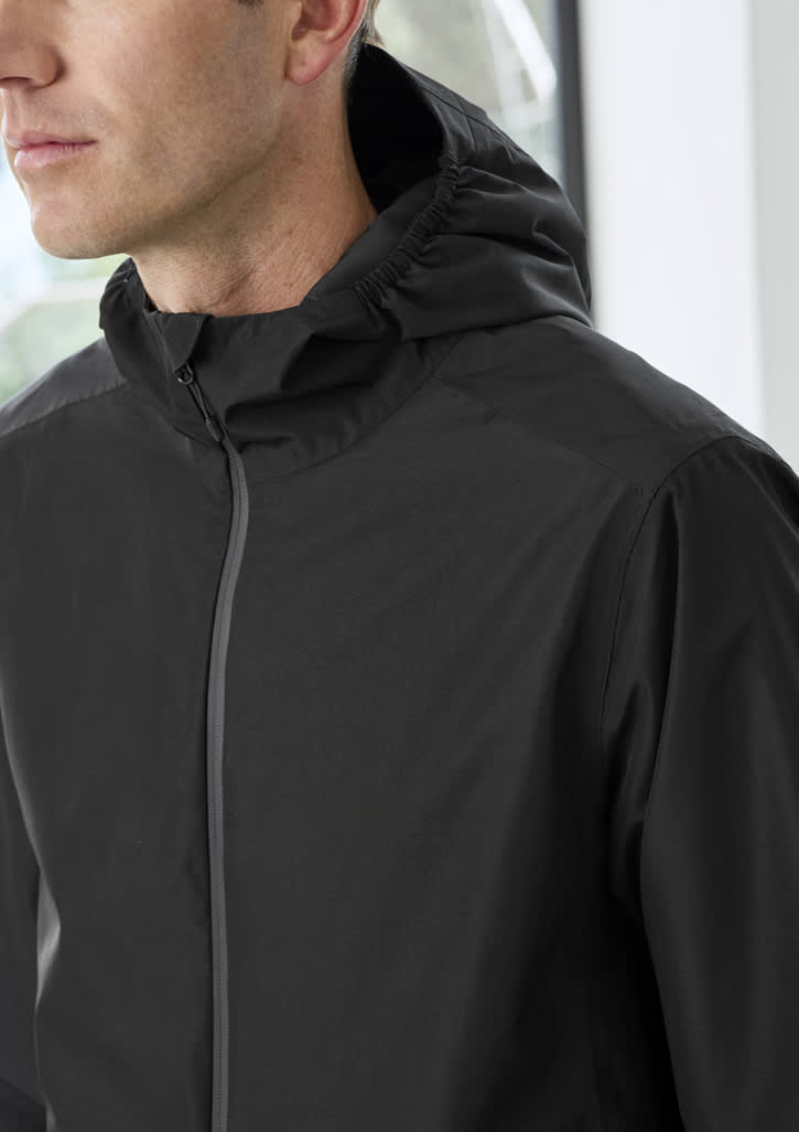 A black rain jacket with a hood, featuring a sleek design and a close-up view of the collar and zipper.