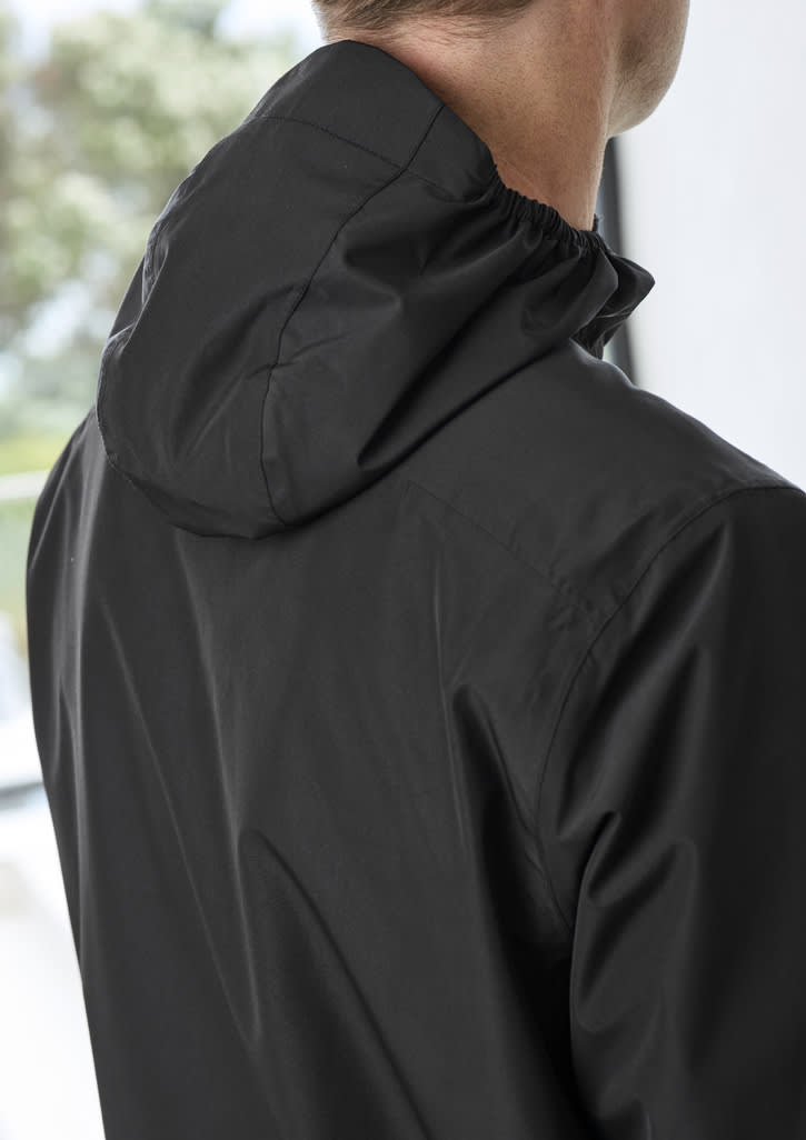 A black men's rain jacket featuring a hood, showcasing a smooth finish and a fitted design.