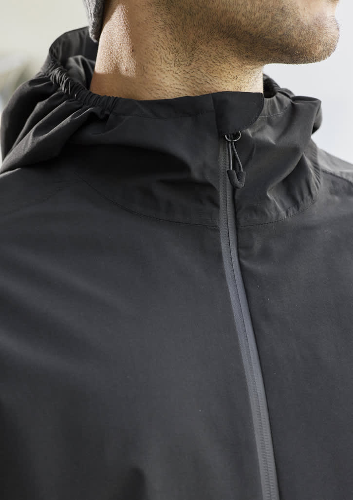 A black men's rain jacket with a high collar and hood, featuring a zip closure and a branding logo.