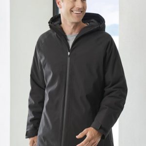 A man is wearing a black unisex rain jacket with a hood, featuring a zip and a sleek design.