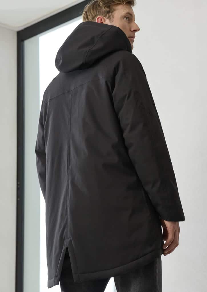 A unisex black rain jacket with a hood, featuring a sleek design and a logo on the sleeve.