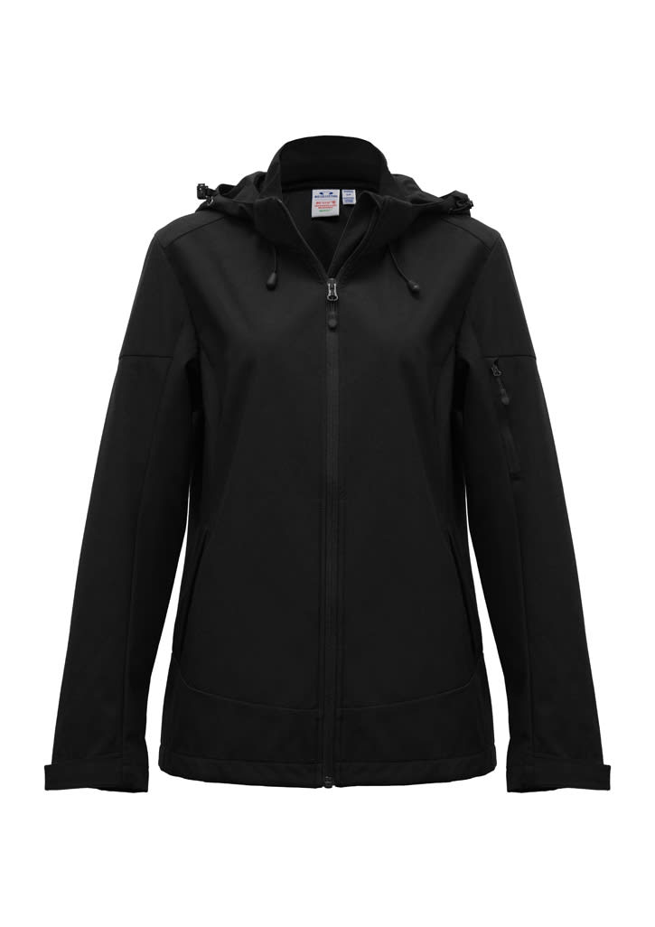 A black women's jacket with a hood, featuring a full zipper and side pockets, plus a branding logo.