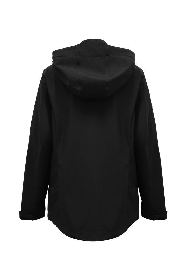 A black women's jacket with a hood and a simple design, featuring a logo. The back view displays its stylish silhouette.