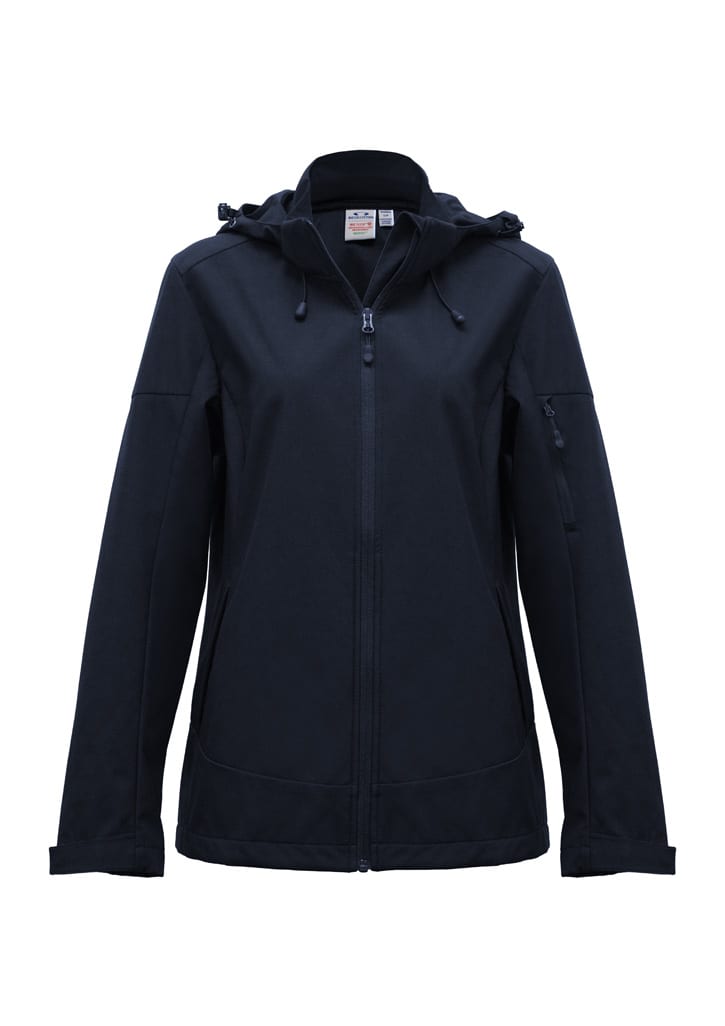 A women's jacket in black, featuring a hood and zippered pockets, with a logo present.