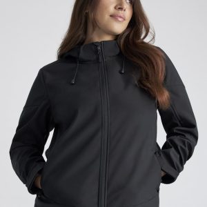 A black women's jacket with a hood, featuring a zip front and side pockets, showcasing a sleek and modern design.