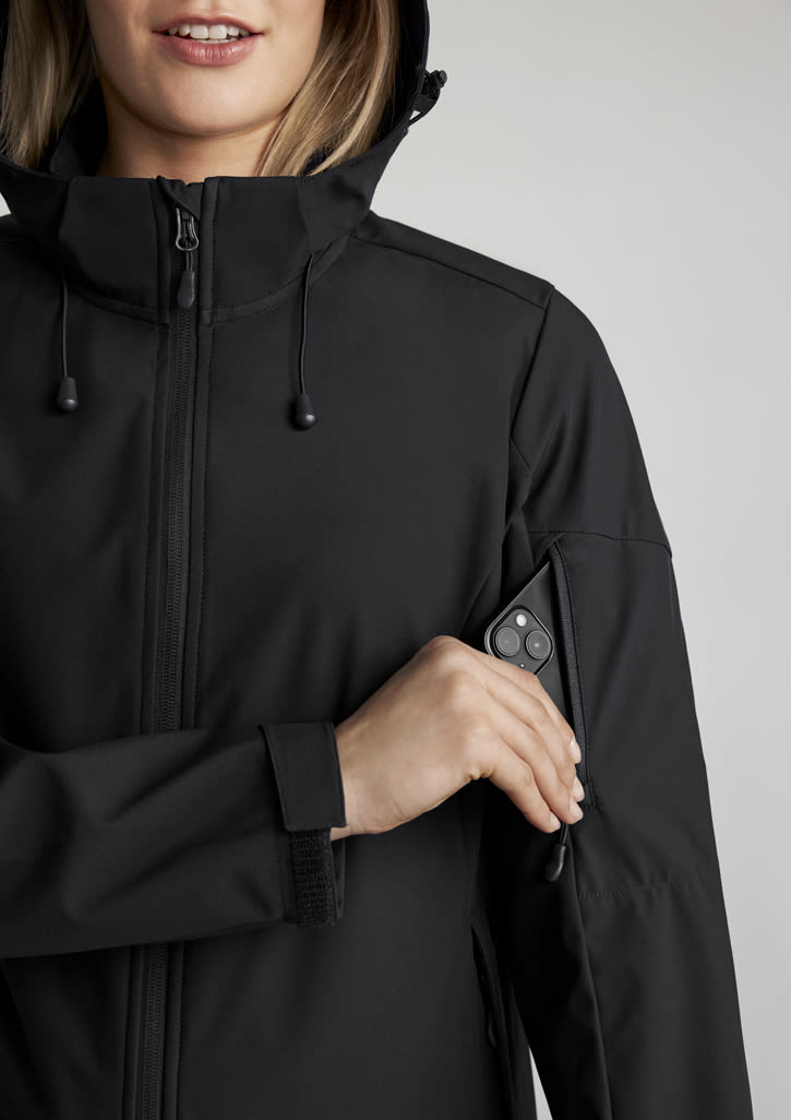 A black women's jacket featuring a hood and an arm pocket for storage, with a logo on the sleeve.
