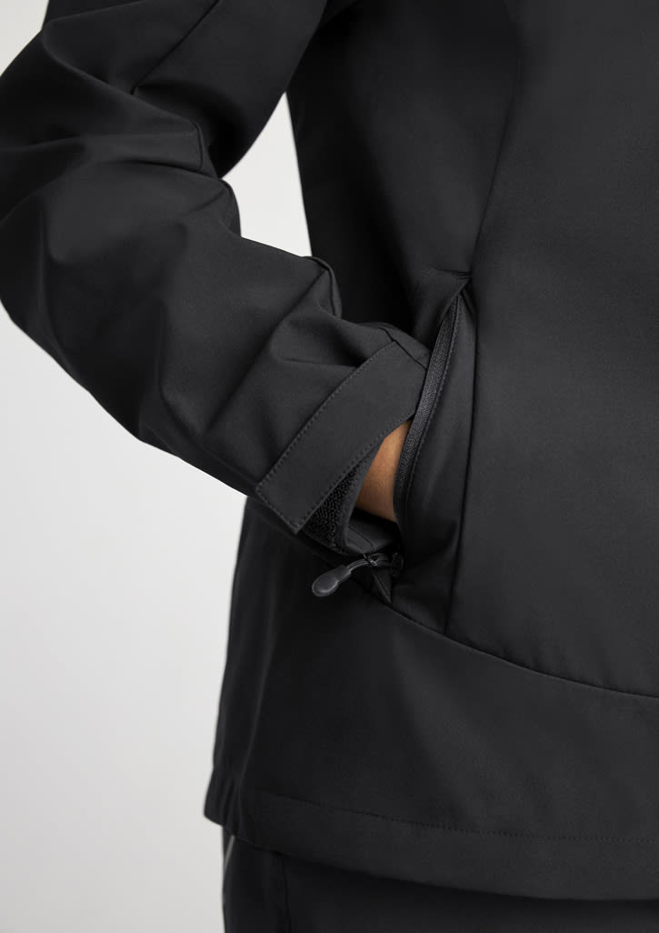 A black women's jacket with a close-up of the sleeve and pocket details, featuring a logo.