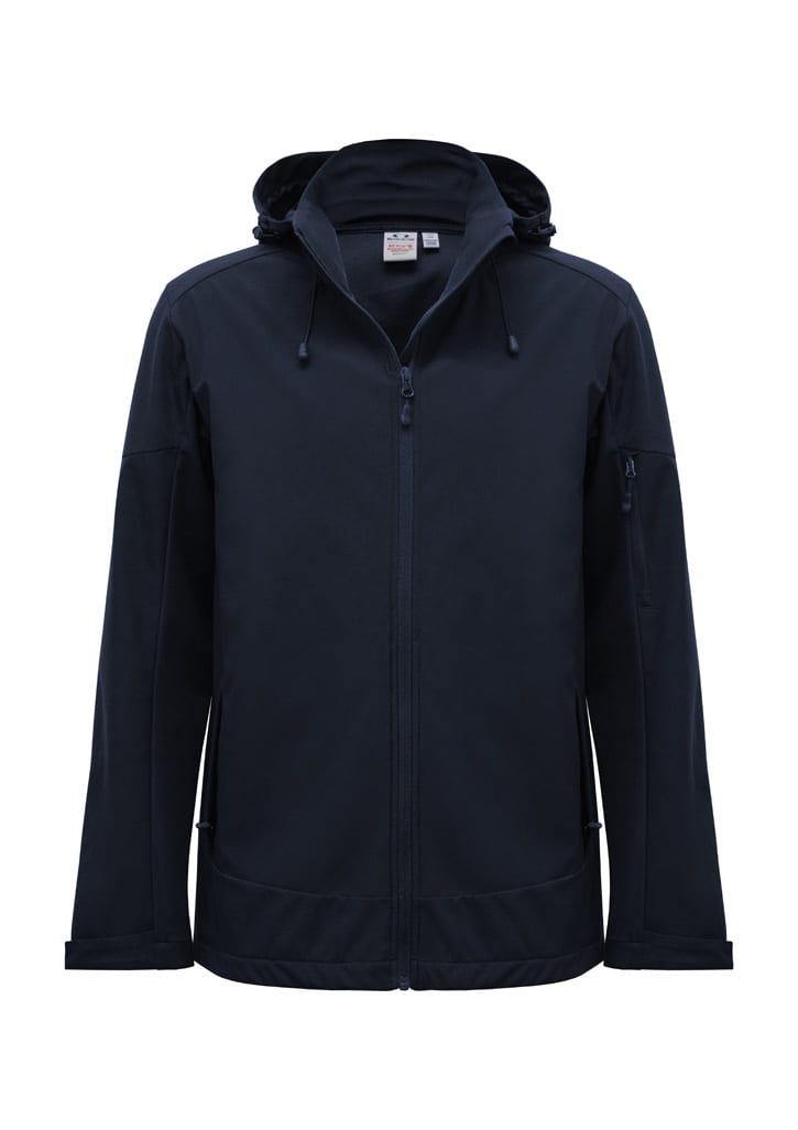 A navy blue men's rain jacket with a hood, featuring a zipper and side pockets, includes branding.