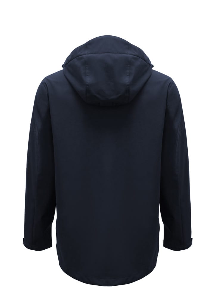 A dark navy rain jacket featuring a hood and a simple, sleek design. It has a logo on one sleeve.