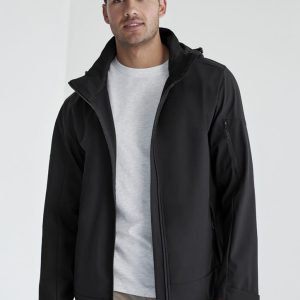 A man wearing a black rain jacket with a hood, featuring a zip-up front and a logo.