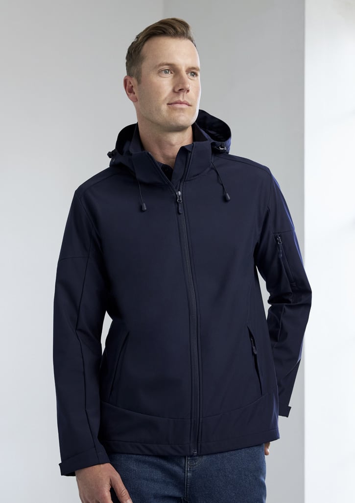 A navy blue rain jacket designed for men, featuring a hood and a zippered front, with pockets and branding.