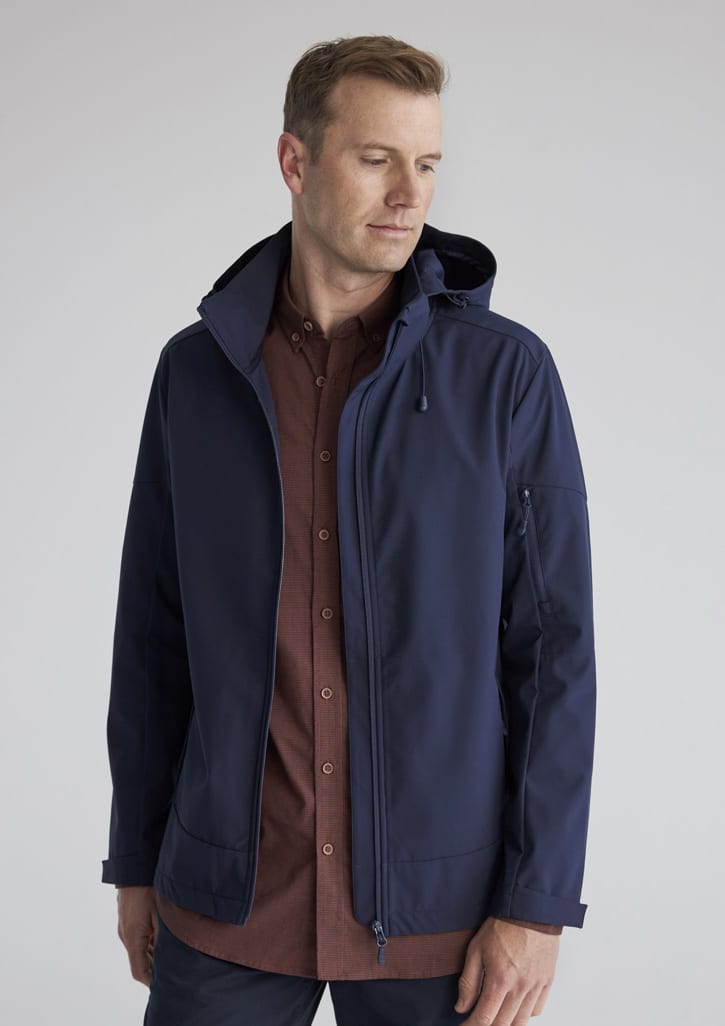 A navy rain jacket featuring a hood, zip-up front, and a zippered pocket on the sleeve. It has a logo.
