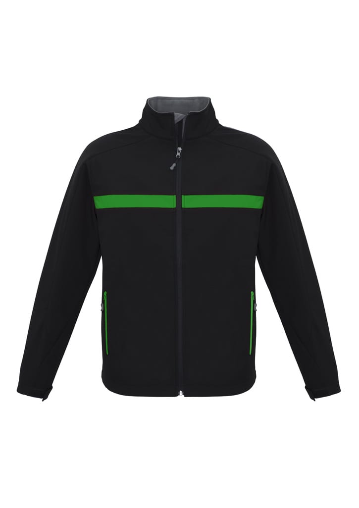 A black unisex soft shell jacket featuring green stripes and zippered pockets, with a collar and long sleeves.