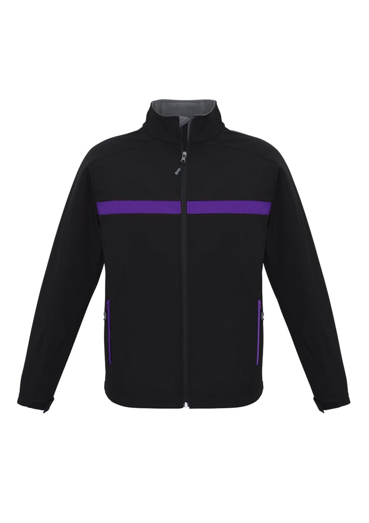A black soft shell jacket with purple accents and zippered pockets, featuring a logo on the chest.