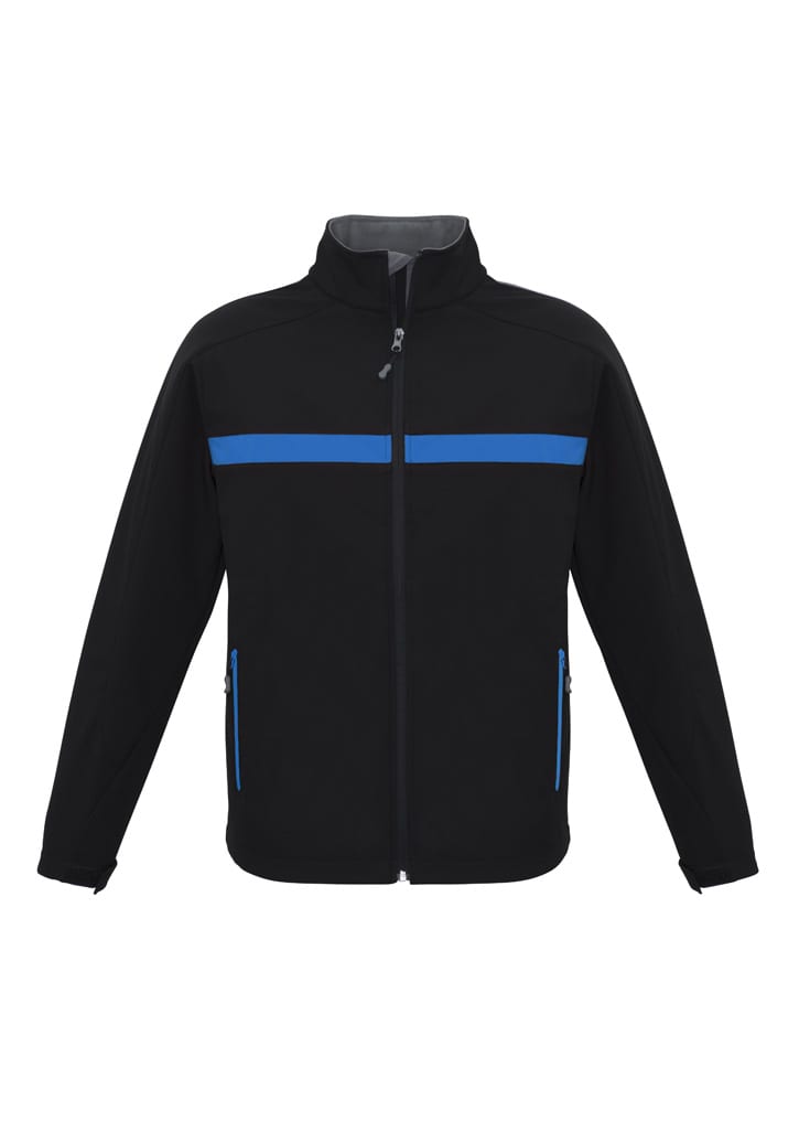 A black unisex soft shell jacket with blue accents and zippers, featuring a logo on the front.