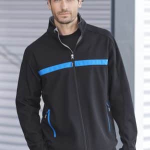 A unisex soft shell jacket in black with blue accents, featuring a zippered front and pockets. It has a logo.