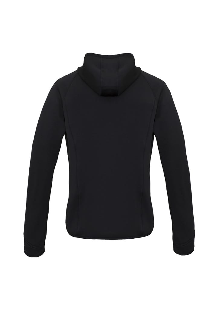 A black women's puffer jacket with a hood, featuring a sleek design and a logo on the back.