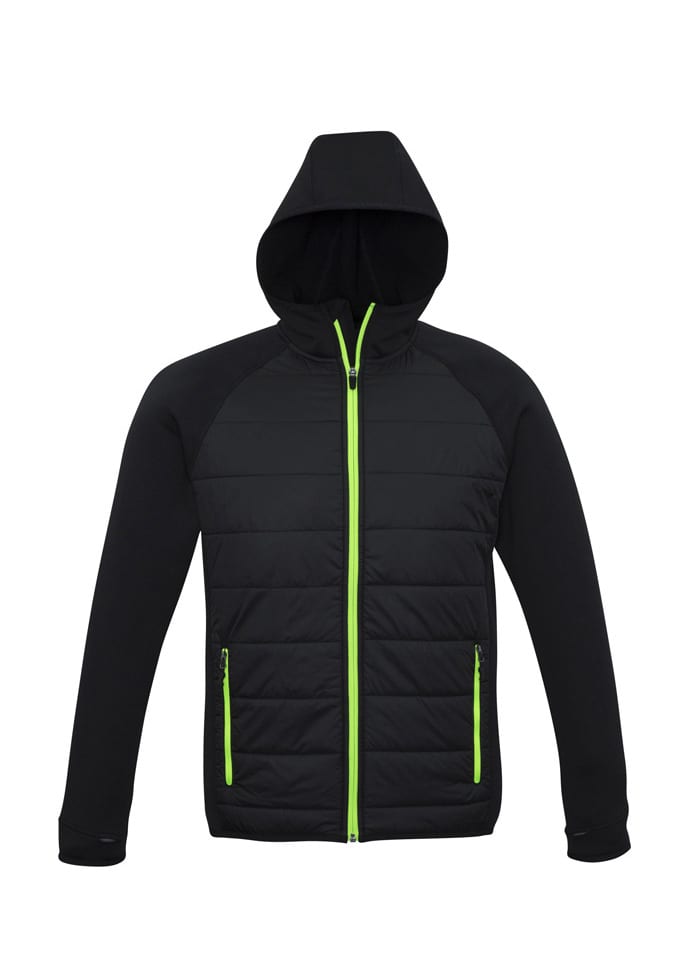 A black puffer jacket with a green zip and hood, featuring side pockets and a modern design.