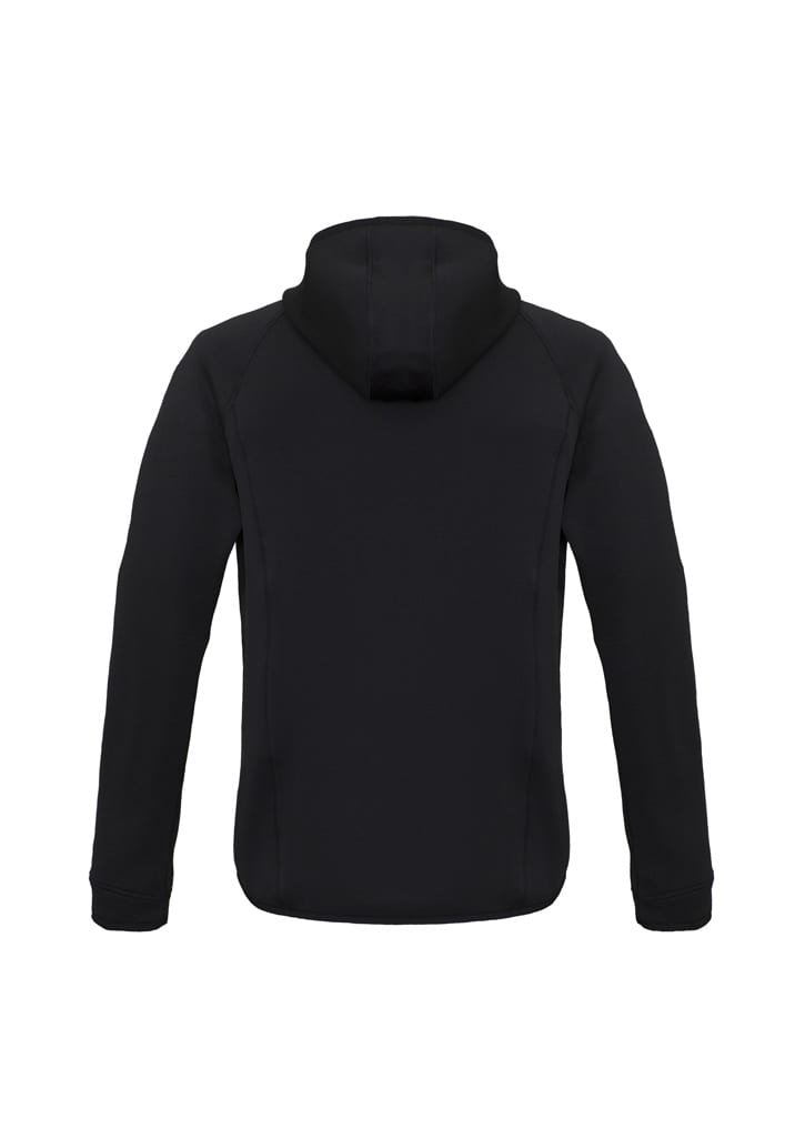 A black puffer jacket with a hood, showcasing a sleek design and fitted silhouette, featuring branding on the back.