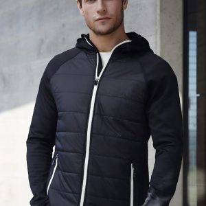A black puffer jacket with a hood, featuring zippered pockets and a white zipper detail, displayed on a model.
