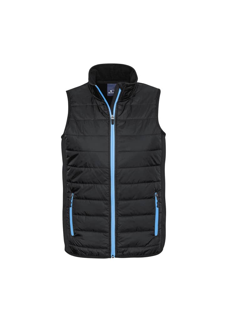 A men's black vest with a high collar and blue zip detailing. It features two front pockets and has a logo.
