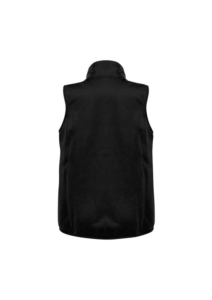 A black men's vest with a high collar and no sleeves, featuring a back view. It has a logo on the design.
