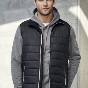 A black men's vest with a quilted design, featuring a zipper and a hood worn over a grey hoodie.