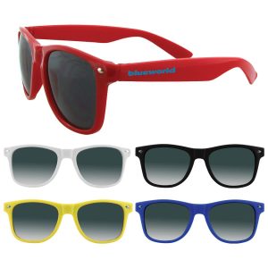 Red sunglasses with dark lenses, accompanied by white, black, yellow, and blue sunglasses with gradient lenses. Each pair has a logo.