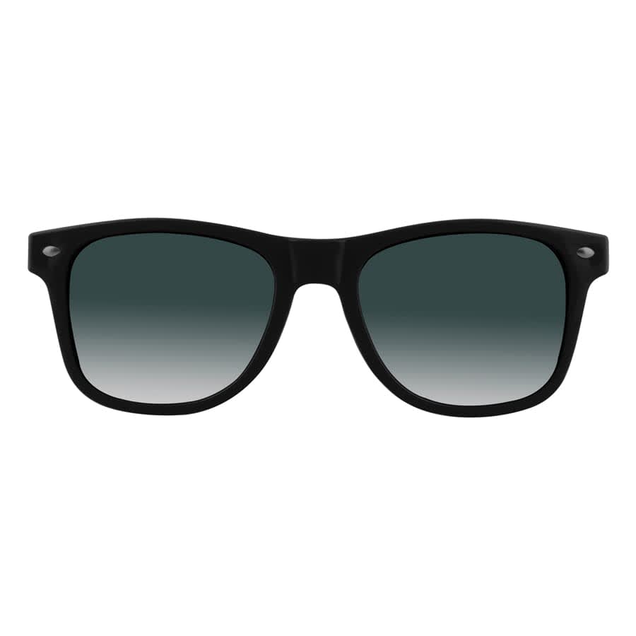 Black sunglasses with gradient grey lenses and a logo on the arm.