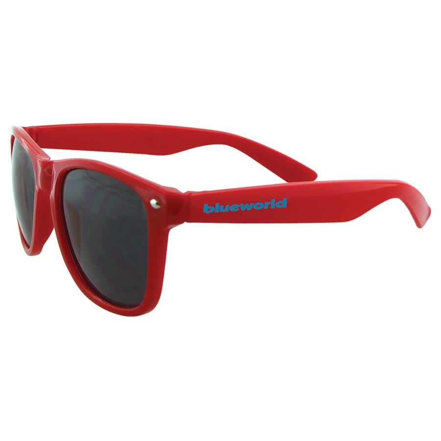 Red sunglasses with dark lenses, featuring a branded logo on the side. Ideal for leisure and outdoor activities.