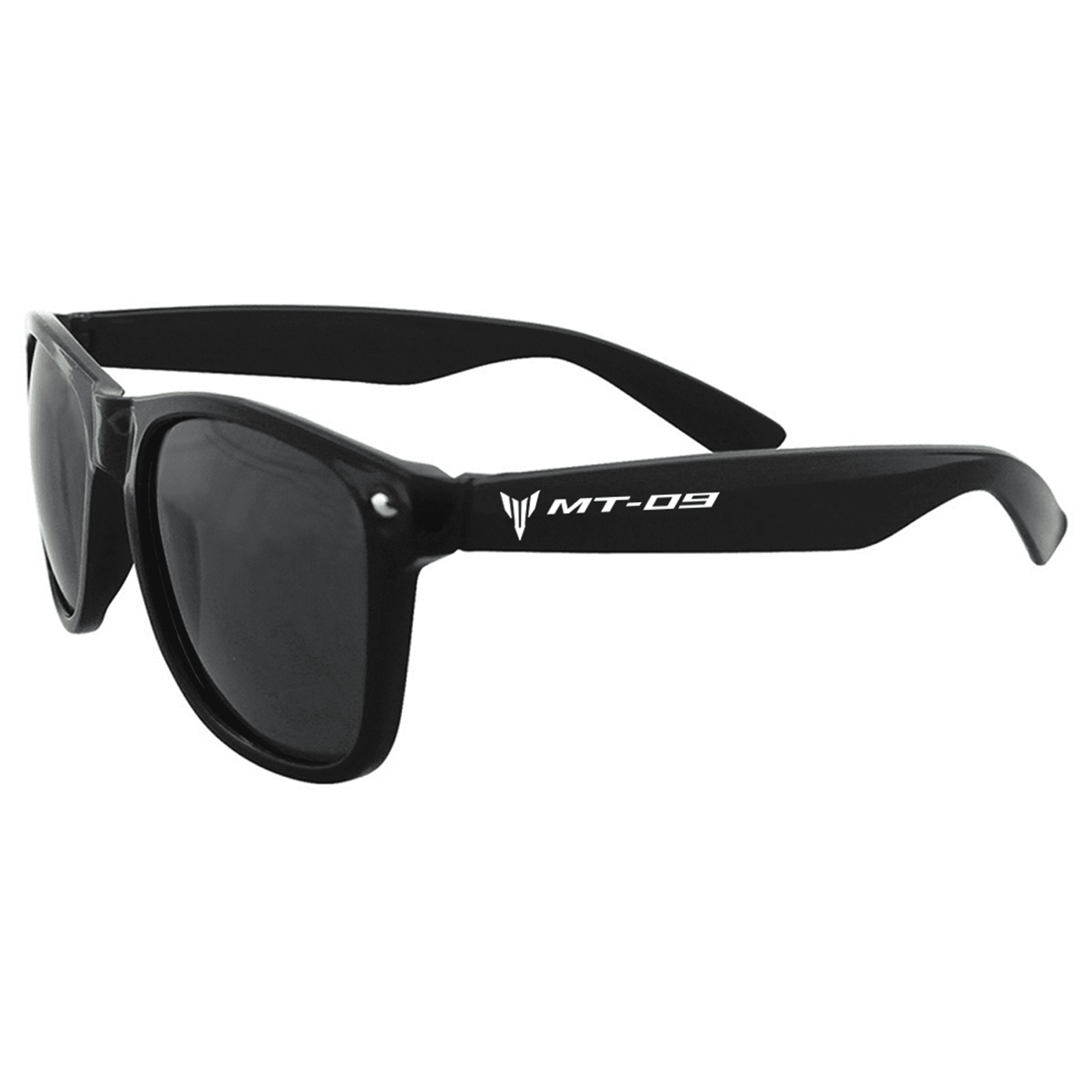 A pair of black sunglasses with dark lenses and a logo on the side. Ideal for leisure and outdoor activities.
