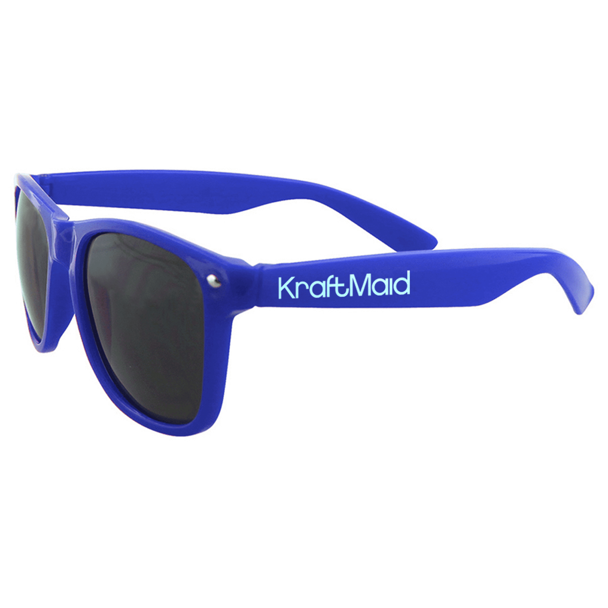 A pair of blue sunglasses with dark lenses and a branding logo on the side.