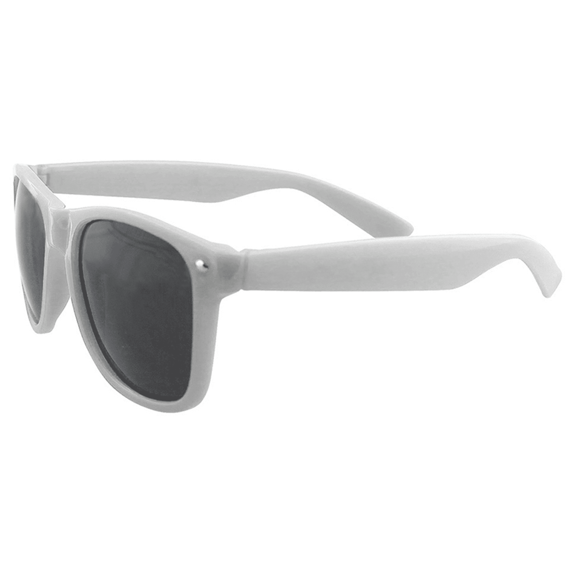White sunglasses with dark lenses, featuring a classic frame design and logo detailing on the side.