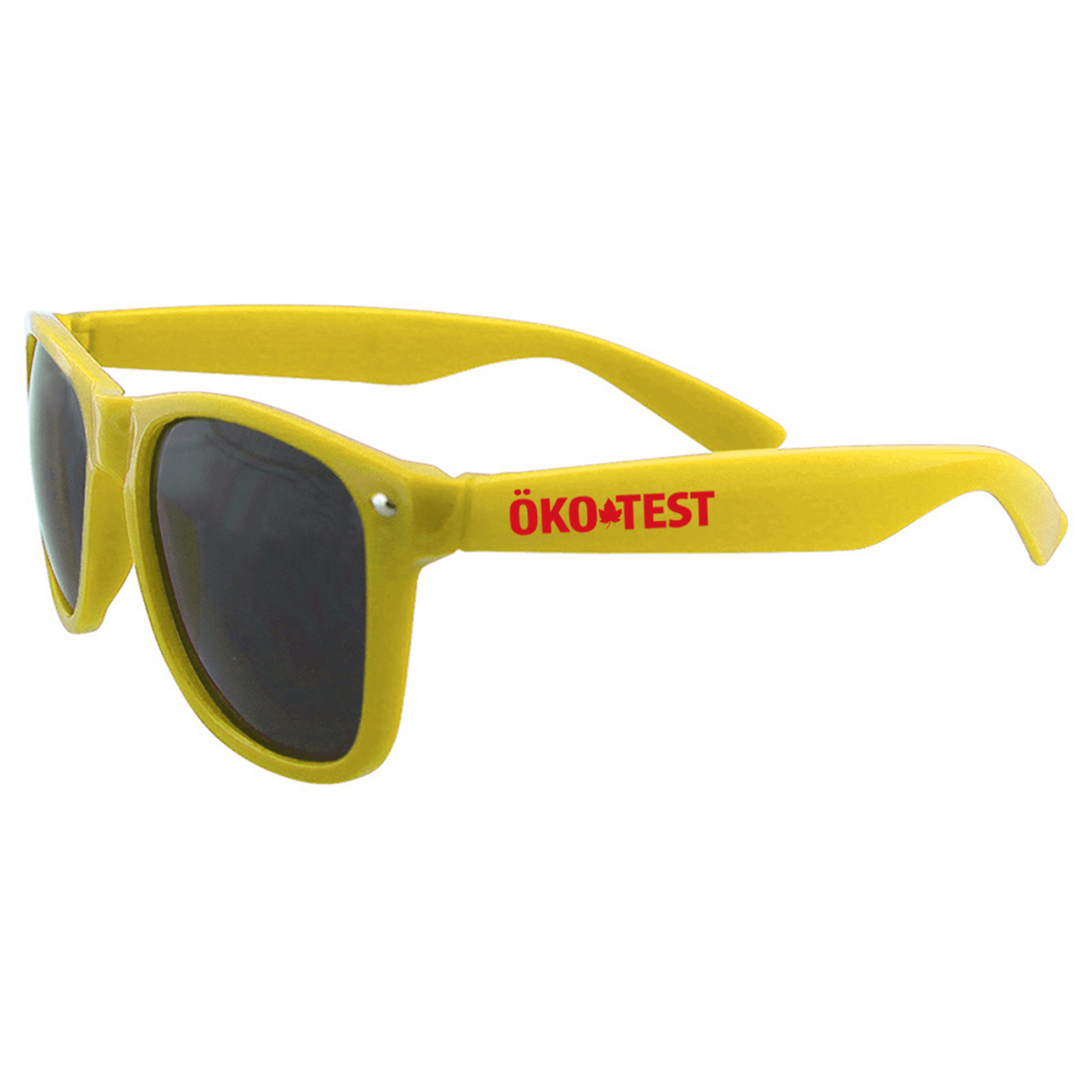 Yellow sunglasses with dark lenses and a logo on the side. Ideal for leisure and outdoor activities.