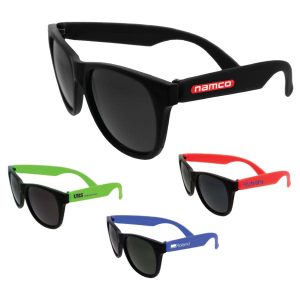 Retro sunglasses in black, green, red, and blue, featuring logos on some frames.