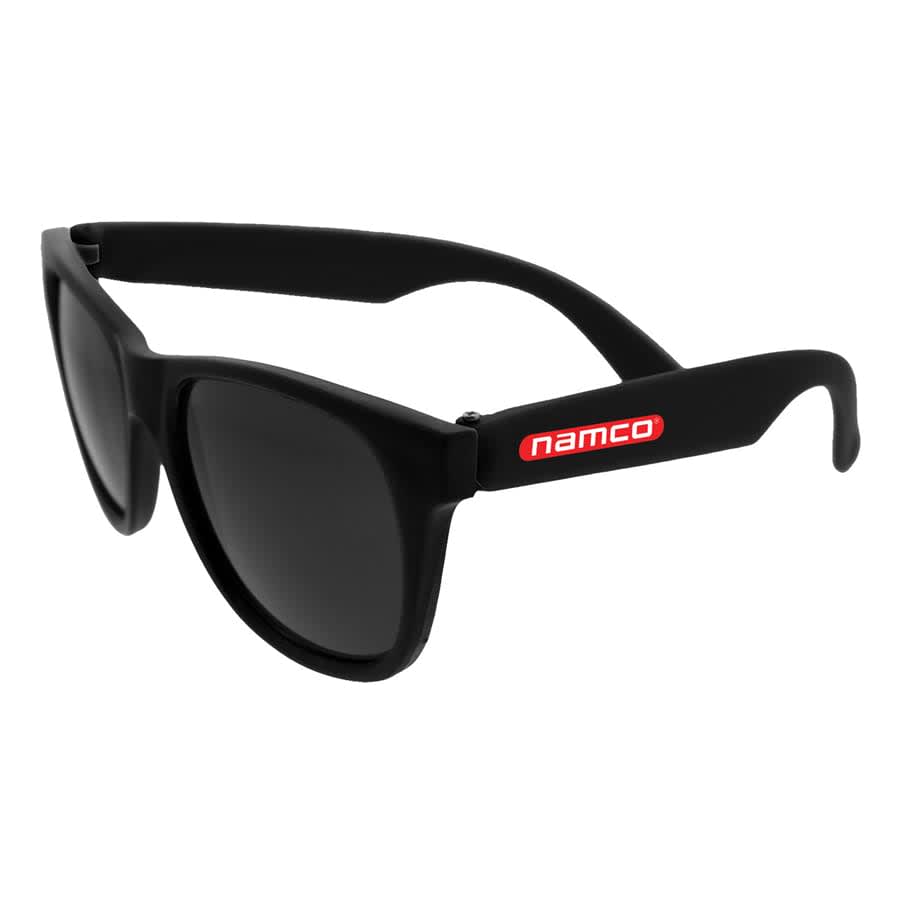 Retro black sunglasses with dark lenses, featuring a small logo on the side.