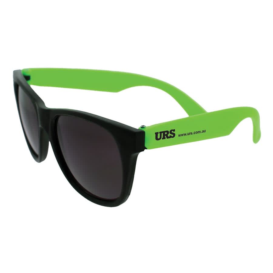 Retro sunglasses with black frames and bright green arms, featuring a logo on one side.